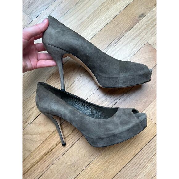 Gucci Women's 38.5 Heels Open Toe Pumps Suede Olive Green Taupe FLAWED Sz 8.5 - Picture 11 of 16